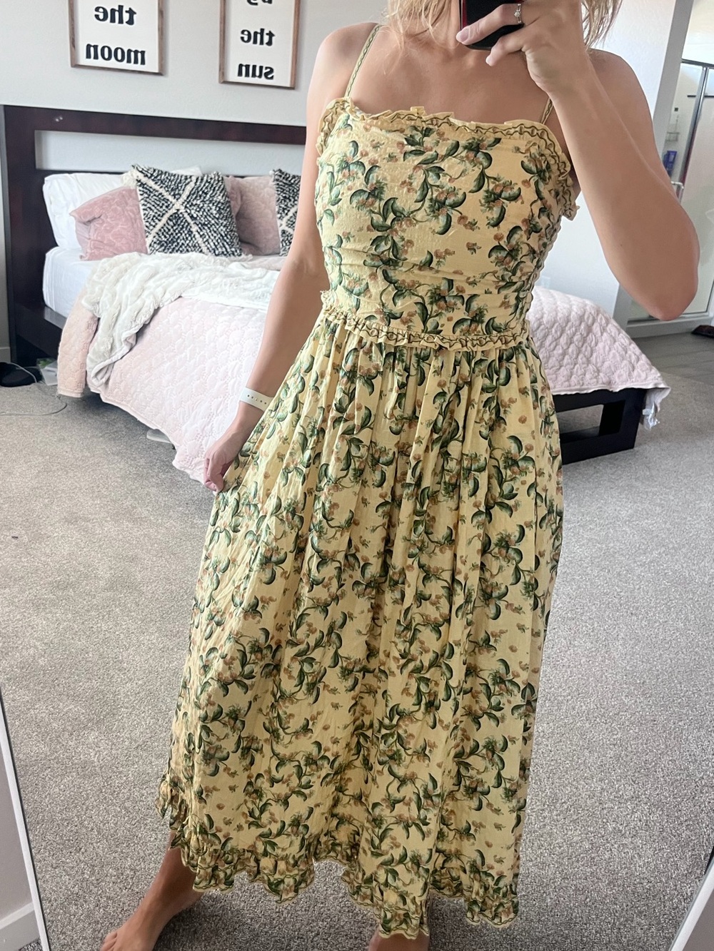 Max Studio Yellow Floral Smocked Waist Midi Dress XS